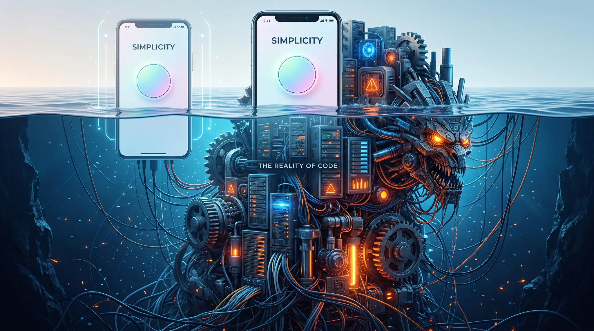 Ilustrasi antarmuka aplikasi minimalis yang terhubung dengan diagram arsitektur server dan basis data kompleks di latar belakang