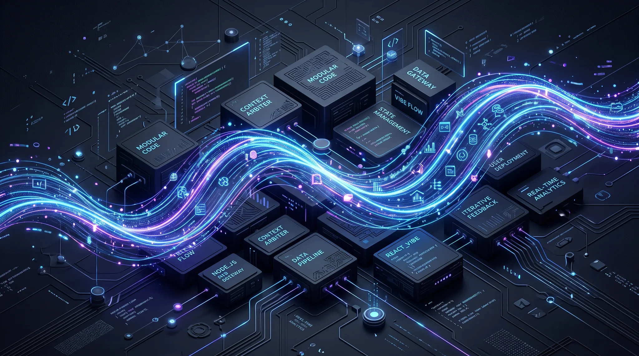 Ilustrasi teknis abstrak aliran data digital mengalir melewati struktur arsitektur modular berwarna gelap dengan aksen neon kontras, gaya editorial teknologi modern