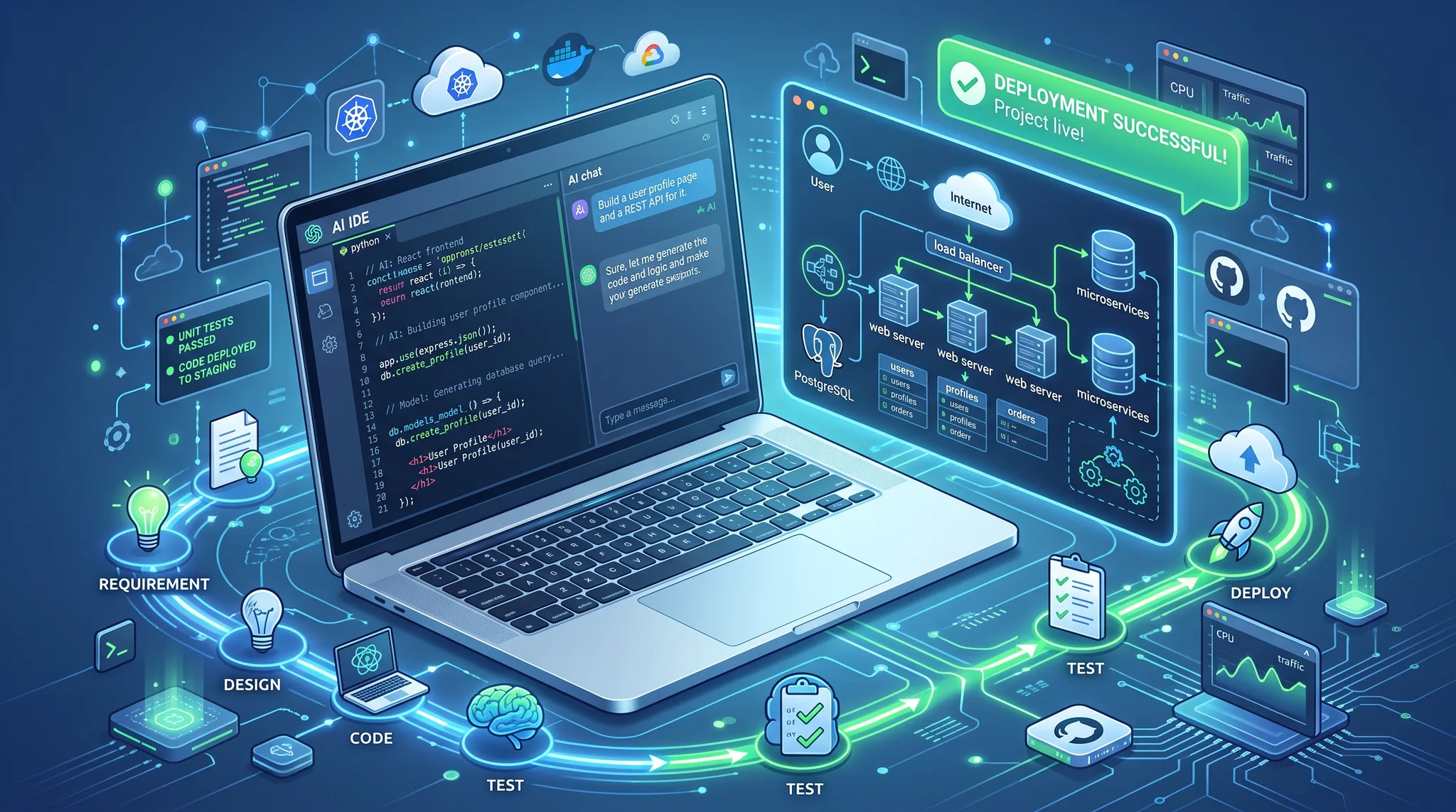 Ilustrasi alur kerja vibe coding fullstack menampilkan IDE AI, skema database, dan pipeline deployment dalam tata letak teknis modern