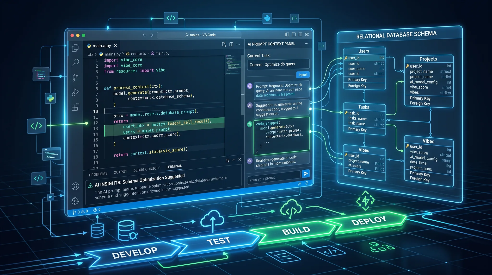 Ilustrasi teknis workflow pengembangan perangkat lunak berbasis AI dengan fokus pada manajemen konteks, skema database relasional, dan integrasi CI-CD modern