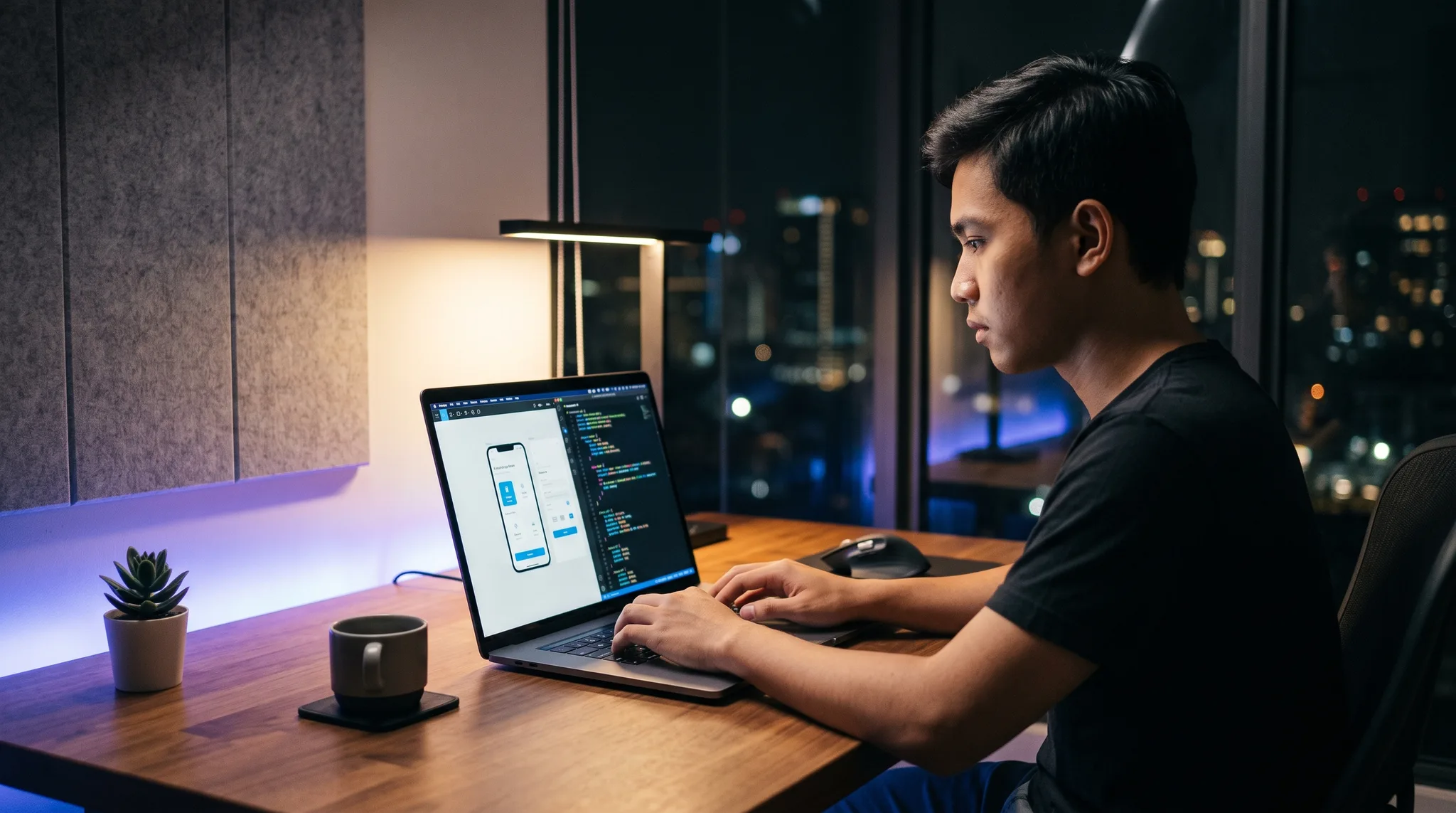 Seorang desainer dan developer muda sedang berkolaborasi di depan laptop menampilkan desain antarmuka aplikasi modern dan baris kode pemrograman bersih dengan latar pencahayaan studio yang estetik.