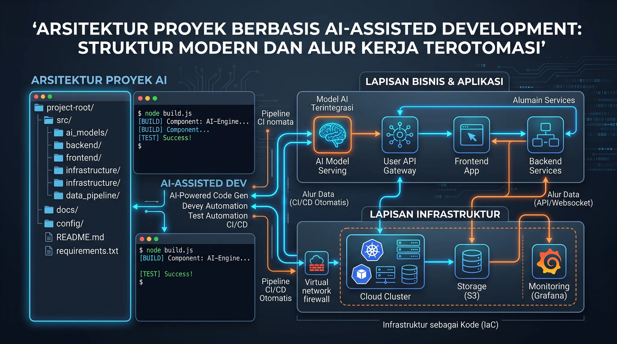 Ilustrasi diagram arsitektur modul terstruktur dengan direktori berwarna biru terang dan hijau neon, menampilkan lapisan domain, infrastruktur, dan konfigurasi environment secara visual bersih