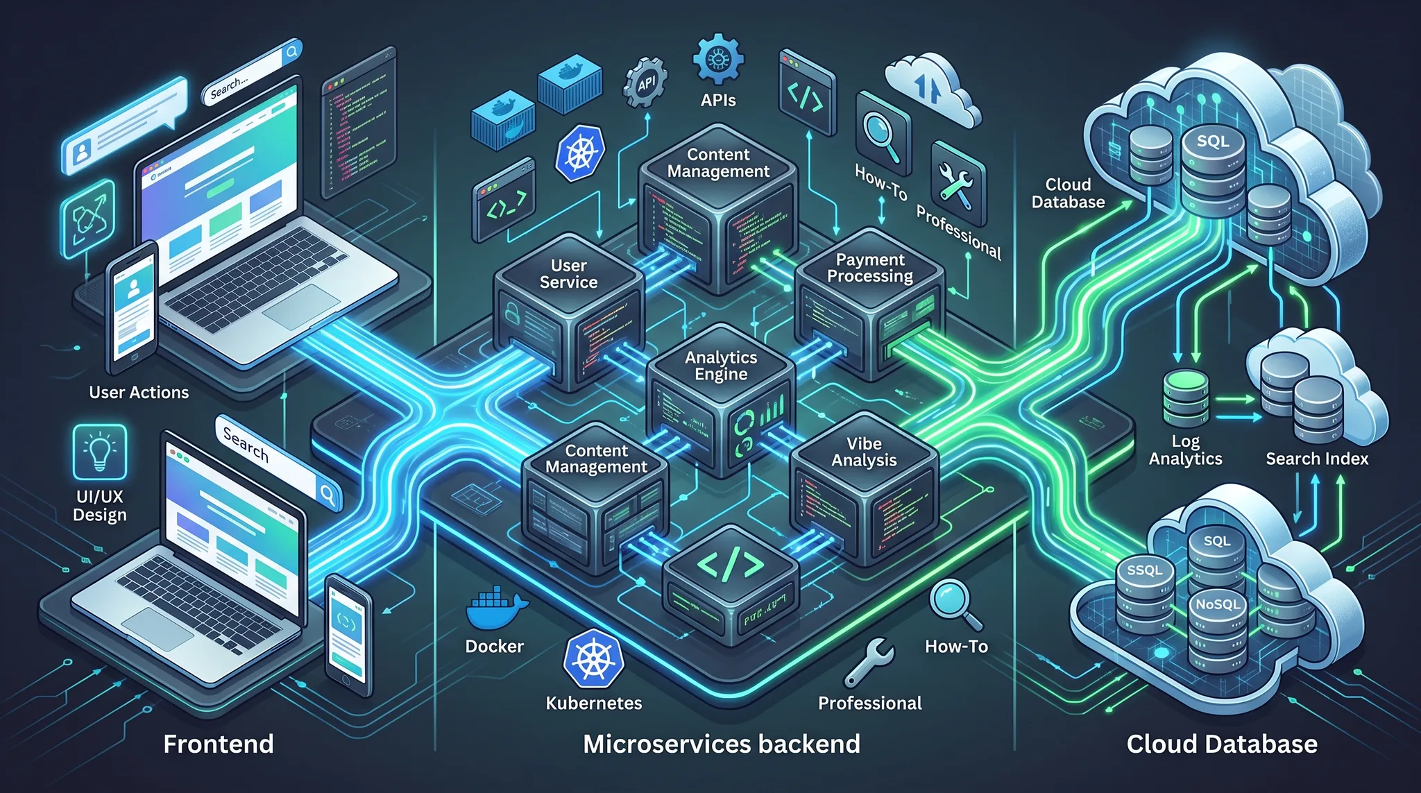 Ilustrasi teknis diagram arsitektur sistem fullstack dengan node koneksi blockchain style, palet biru terang dan hijau neon, latar gelap profesional