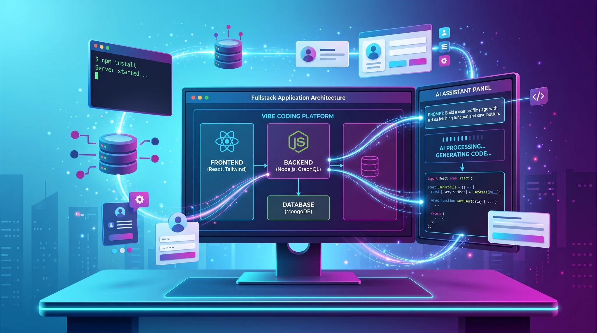 Ilustrasi developer menggunakan antarmuka AI assistant untuk men-generate kode fullstack secara visual dan interaktif
