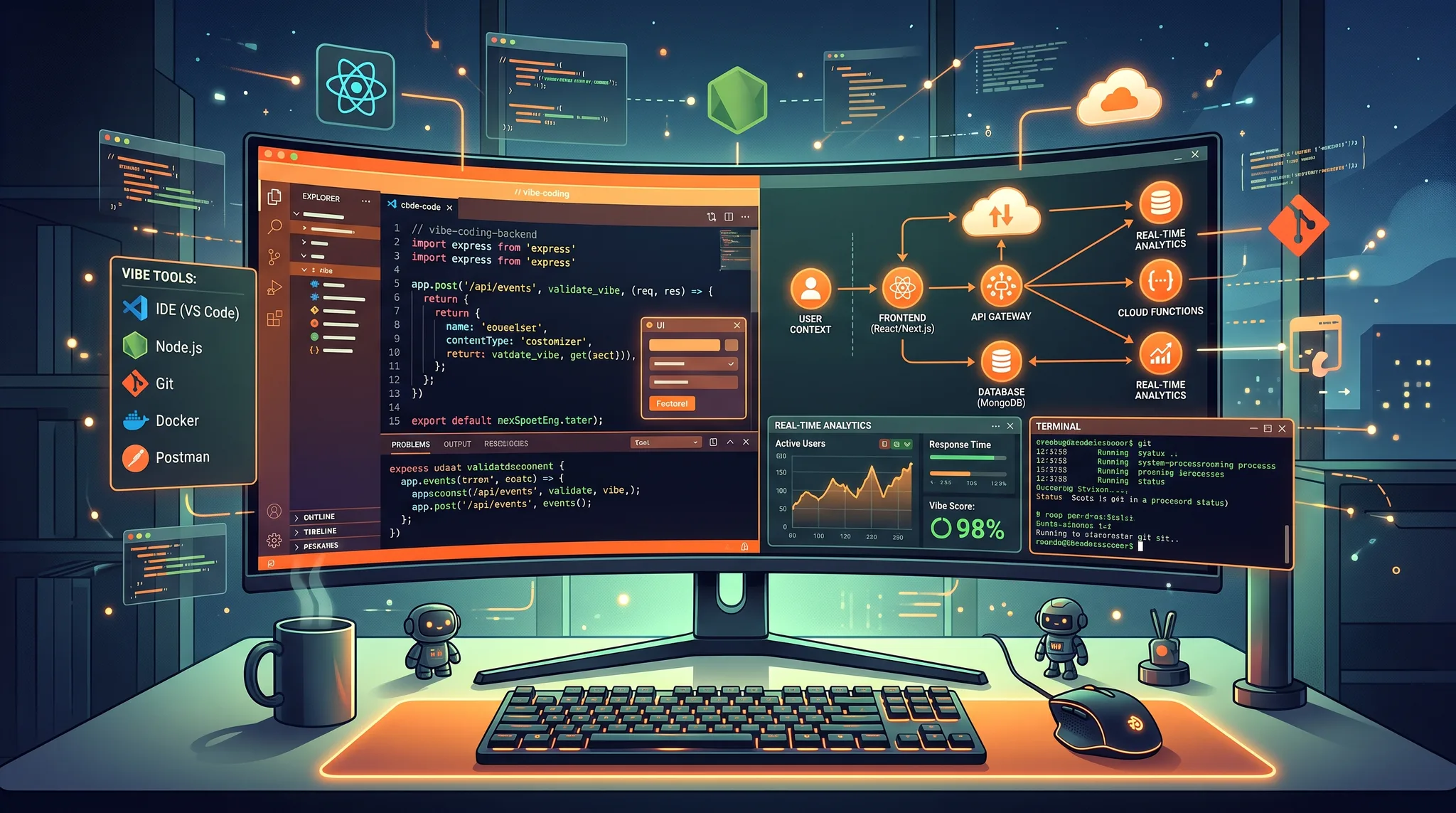 Ilustrasi teknis workspace developer modern menampilkan layar laptop dengan kursor kode, ikon integrasi AI, database cloud, dan palet warna dinamis oranye dan kuning.