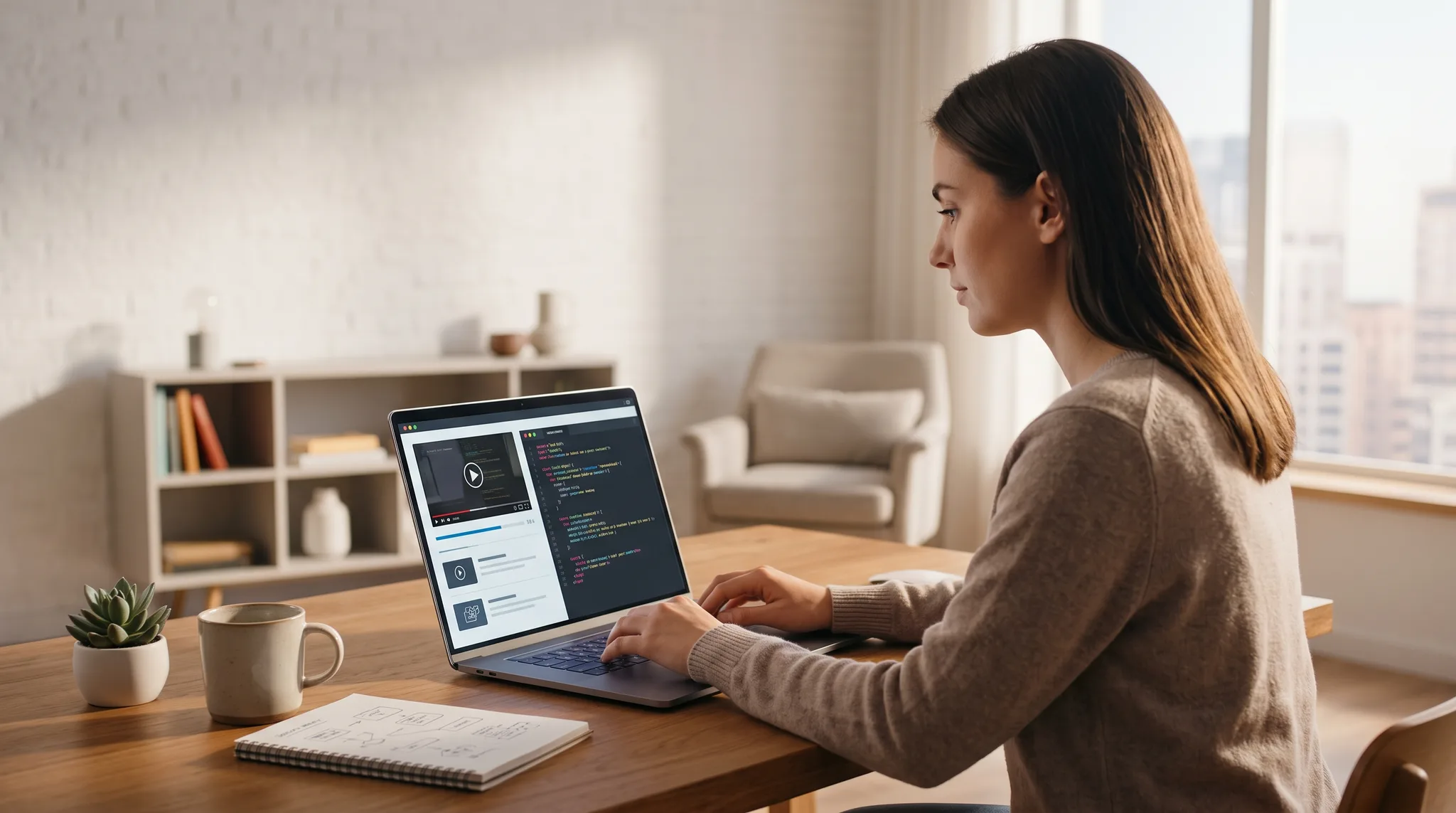 Seorang developer muda sedang fokus belajar programming menggunakan course bahasa indonesia di laptop dengan suasana meja kerja yang rapi