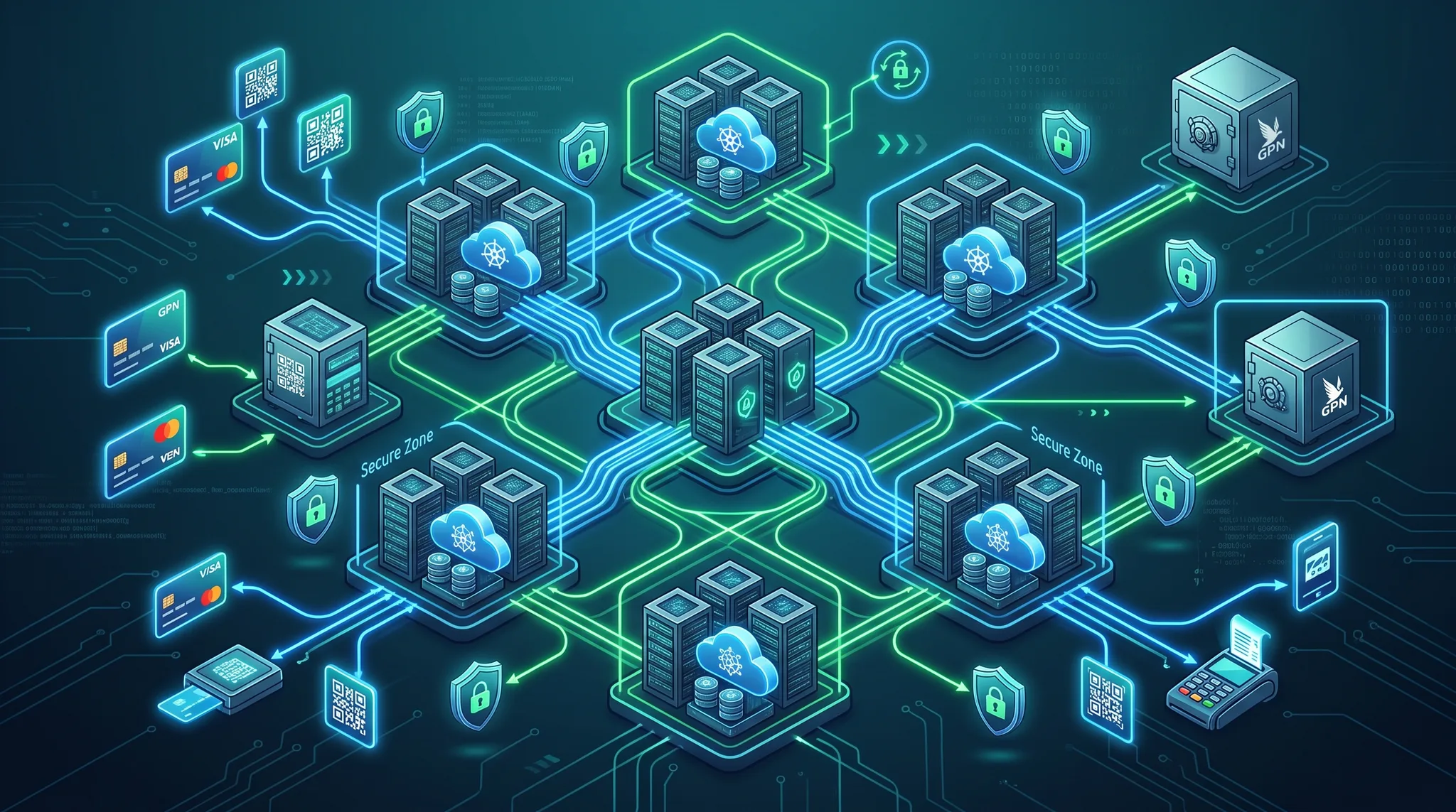 Diagram arsitektur jaringan switching pembayaran digital Indonesia menampilkan routing transaksi antara bank, fintech, dan konsumen dengan estetika teknologi finansial modern